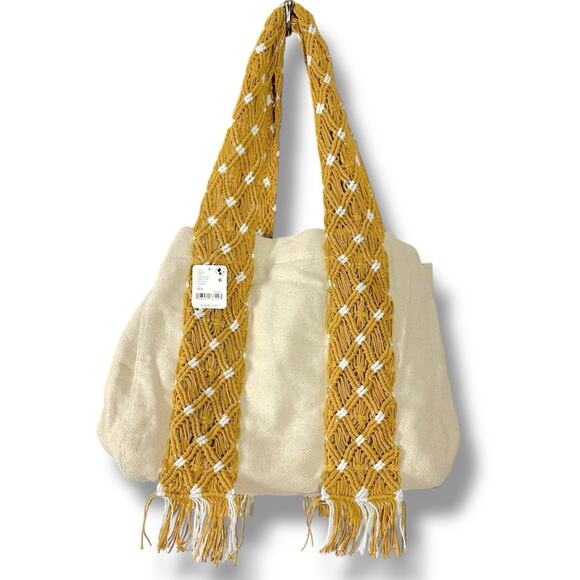 Free People Bohemian Retro 70s Mia Canvas Macrame Strap Tote Bag NWT XL Fringe - Picture 2 of 13